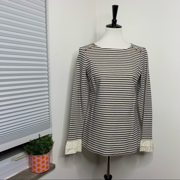Talbots | Black & Cream with Gold Stripe Top with Ruffle Sleeve and Gold Buttons